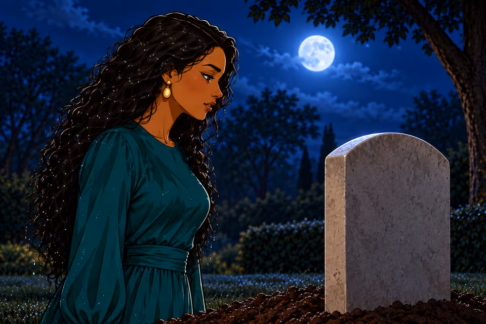Waist-up side profile of Amaka whispering toward headstone, mouth barely parted, eyes steady, fingers relaxed by her side. Grave edge foreground.