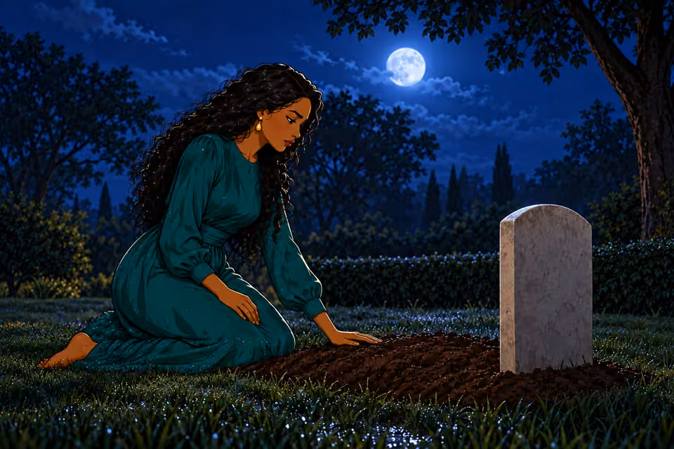 Ground-level intimate view of Amaka kneeling on both knees and gently placing one open palm on the brown grave soil. Other hand on thigh. Solemn profile.