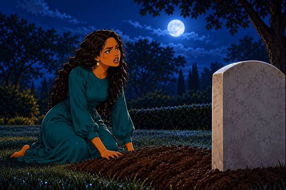 View from behind headstone toward kneeling Amaka, one hand still on soil, looking up with restrained bitter anger and speaking. NO literal leash, Ikenna or memories.