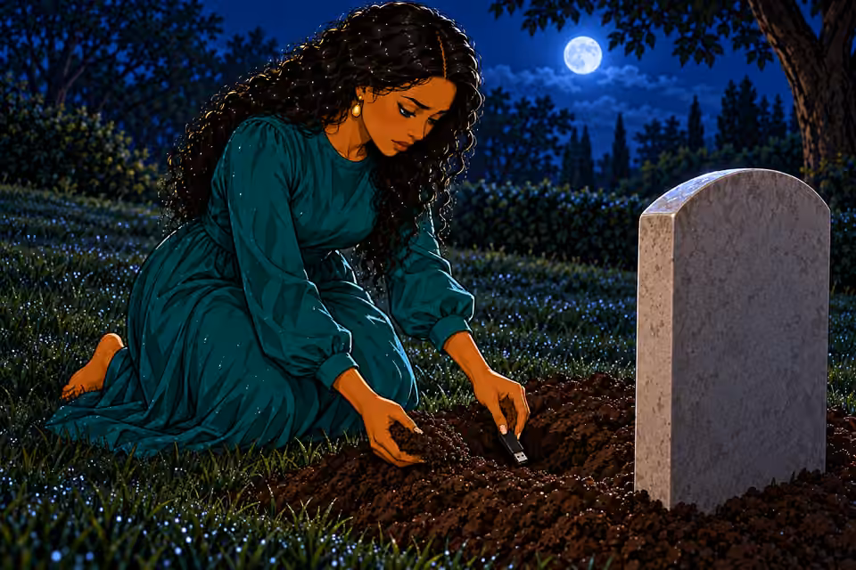 High close diagonal view of kneeling Amaka placing a small black USB drive in a shallow hole beside the headstone. One hand lowers drive, other holds loose soil ready to cover it. No tools or other buried objects.