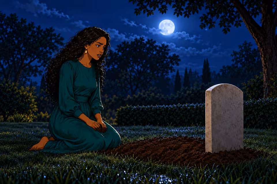 Amaka sits back on heels after burying USB, dirty hands resting in lap. Newly smoothed patch of soil beside headstone, no USB visible. Medium oblique view of her speaking with weary bitterness.