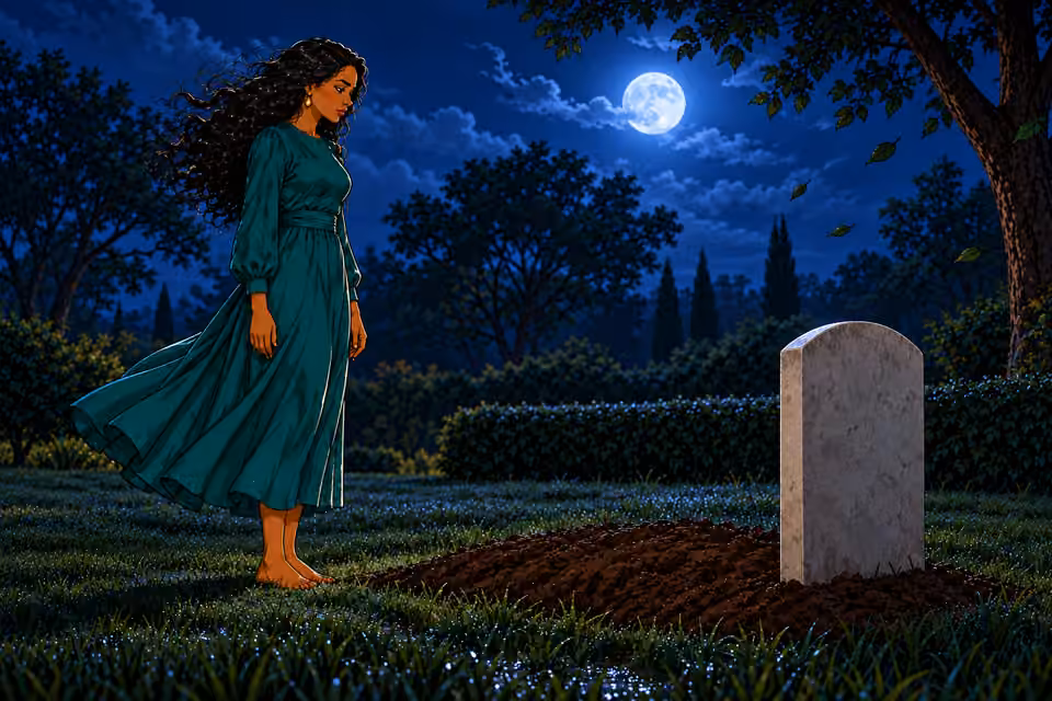 Wide side silhouette of upright Amaka beside grave, night wind lifting loose curls and rippling skirt hem, nearby leaves sway. No tears or imagined figures.