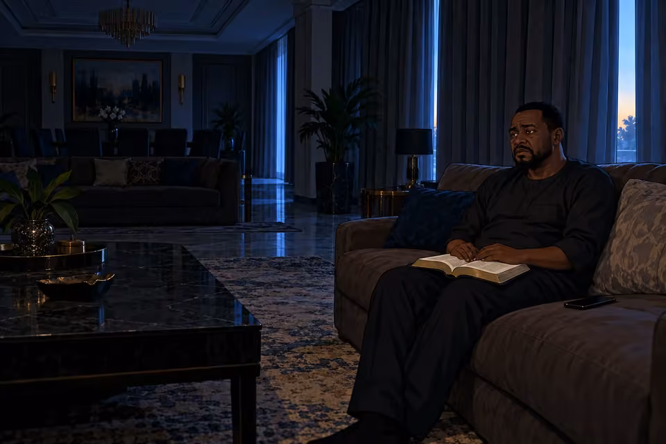 An exhausted Pastor Gabriel sits alone in his dark sitting room with an unread Bible.