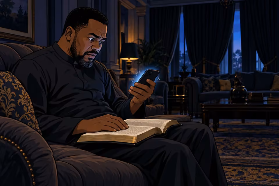 Pastor Gabriel looks down at his phone, an unread Bible open on his lap.