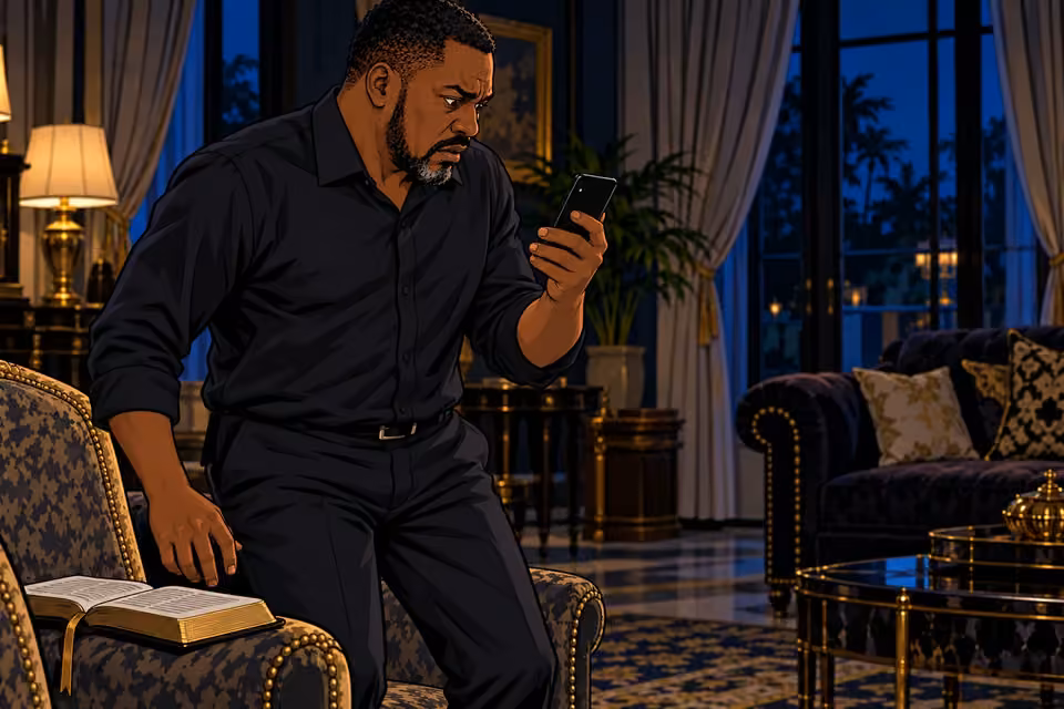Pastor Gabriel rises abruptly after reading the message on his phone.