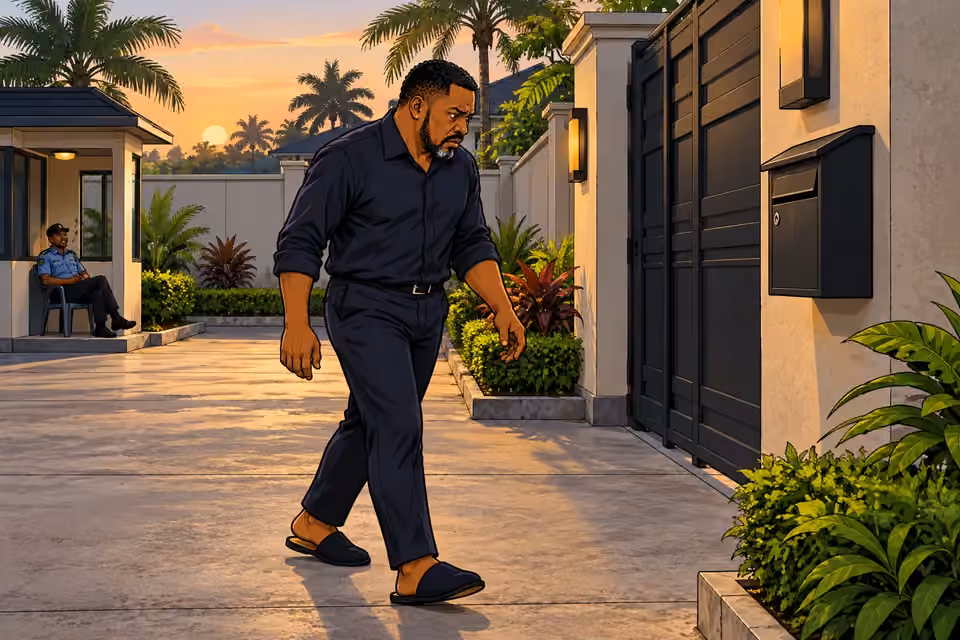 Gabriel walks tensely across his compound toward the mailbox.