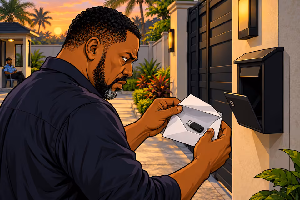 DAWN at Gabriel's quiet compound gate and dark wall mailbox, matching reference. Tight over-shoulder view of Gabriel opening an unsealed white envelope just removed from mailbox and seeing a single small black USB drive inside. Fingers hold envelope open, anxious face in profile, no readable text.