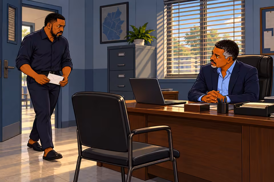 Establish station office: Musa already seated waiting behind desk as Gabriel arrives through doorway holding white envelope low at waist. Wide diagonal view, laptop open on desk, morning blinds, tense greeting.