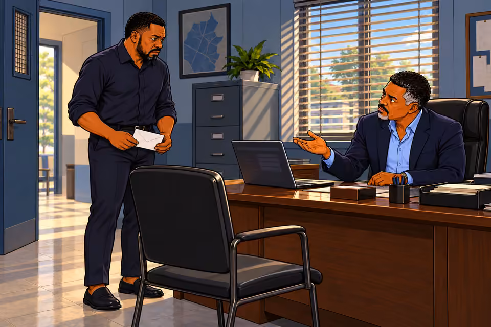 Over Gabriel's shoulder toward seated Musa asking if he brought anything, restrained palm-up questioning gesture. Gabriel stands beside visitor chair with envelope.