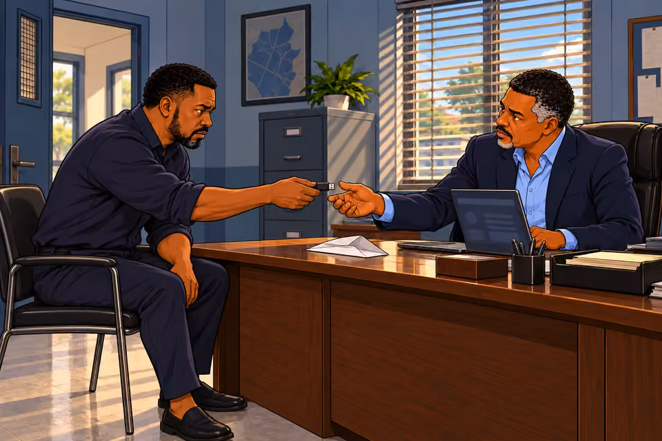 Two-person side view of Gabriel nodding and handing the single black USB across desk with a trembling hand; Musa reaches to receive it. Open white envelope on desk.