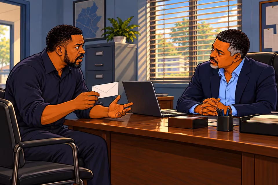 Gabriel now seated in visitor chair speaks anxiously about anonymous envelope. Medium close view from Musa's side of desk; Gabriel's fingers touch blank white envelope, Musa listening across desk.