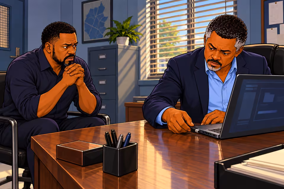 Low desk-side close view of Musa inserting one black USB into laptop side port. Gabriel seated opposite watches with clasped hands, no third person.