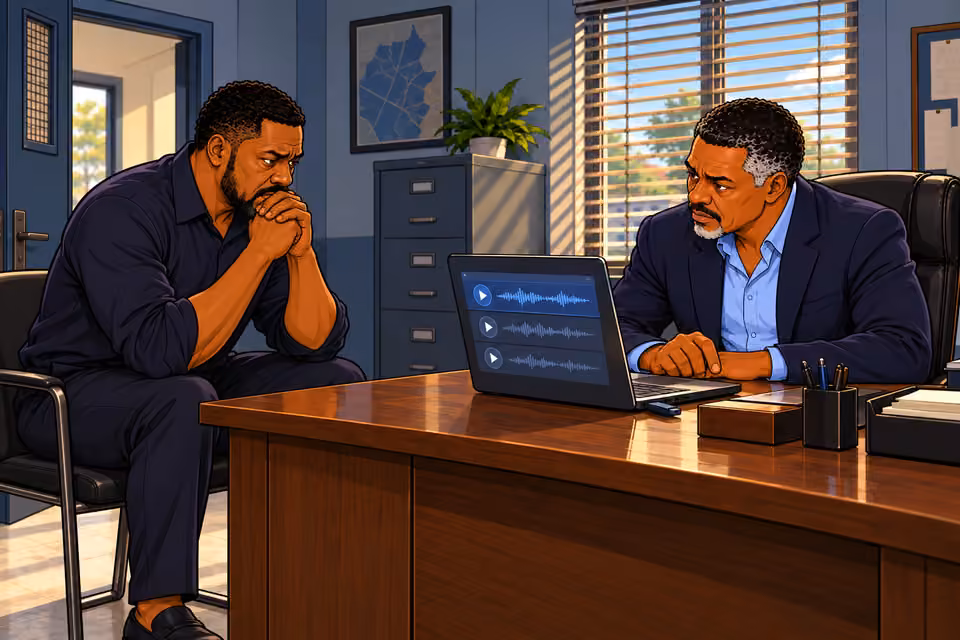 Over Musa's shoulder toward laptop showing exactly THREE abstract horizontal audio-file rows with tiny soundwave icons, NO readable labels, letters or numbers. Gabriel worried across desk, USB remains in side port.