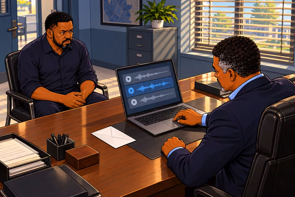 High diagonal desk view of Musa selecting SECOND audio recording on laptop trackpad. Gabriel opposite stiffly with hands in lap. White envelope on desk, screen three abstract unreadable rows.