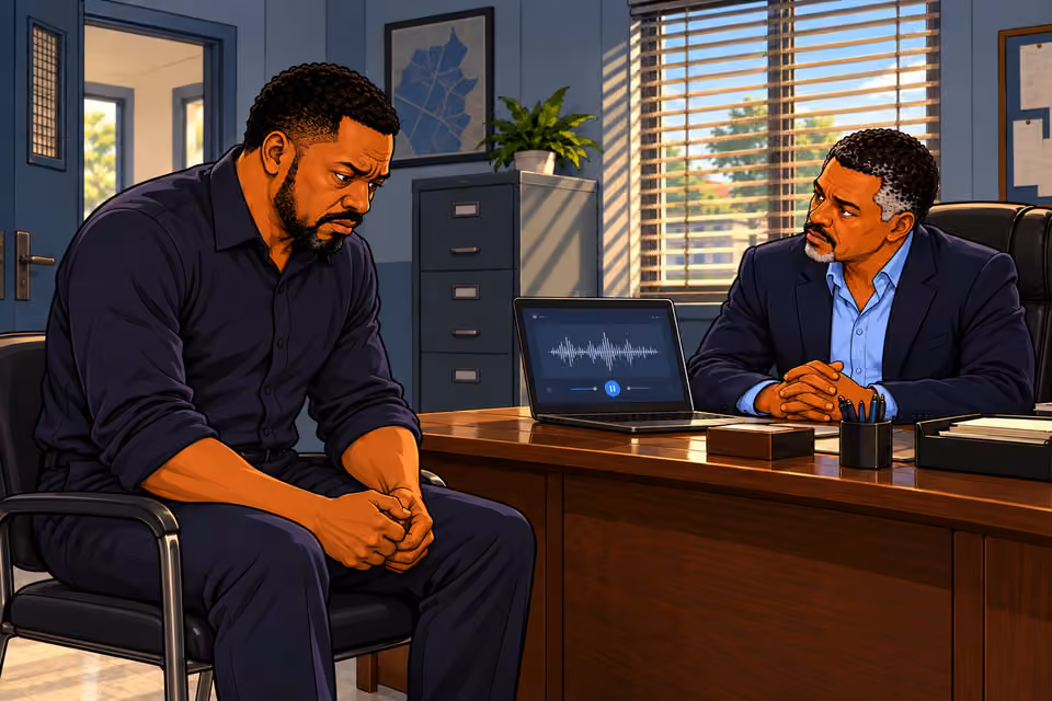 Low close view of Gabriel's clenched hands in lap and worried face above them as they listen to SECOND threatening recording. Musa behind desk studying him. Agnes only recorded sound, no enacted threat.