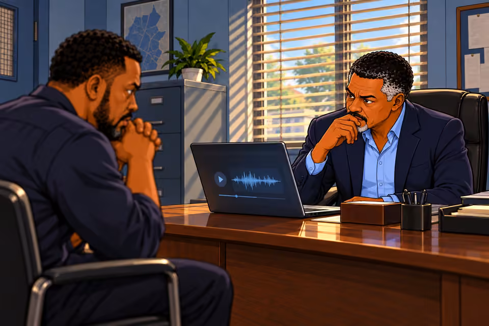 THIRD recording starts with silence and recorded click. Tight profile of Musa listening alertly, eyebrow slightly lifting, blurred anxious Gabriel opposite. Sound only from laptop. NO physical vial, poison or Agnes in room.