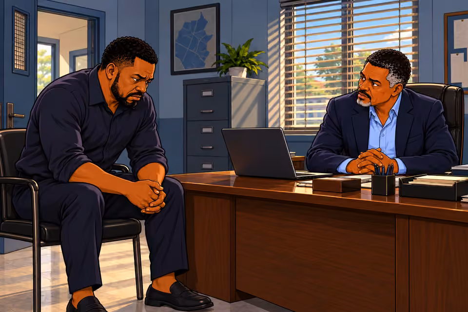 Medium two-person view from laptop height as recorded voice mentions daughter. Musa turns searching gaze from laptop to tense downcast Gabriel. Agnes and Amaka NOT physically present, no inset, flashback or vial.