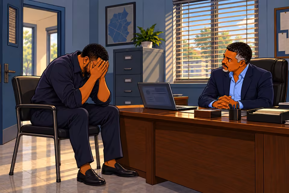 Side view of seated Gabriel bowing to bury face in both hands, elbows on knees. Entire hunched posture visible. Musa watches calmly behind desk.