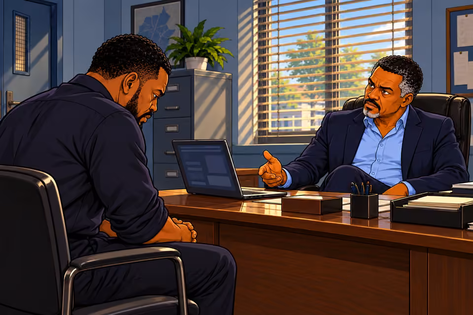 Musa leans back in black chair and addresses Gabriel with cool accusatory expression, arms relaxed but firm. View beside Gabriel's bowed shoulder, laptop on desk.