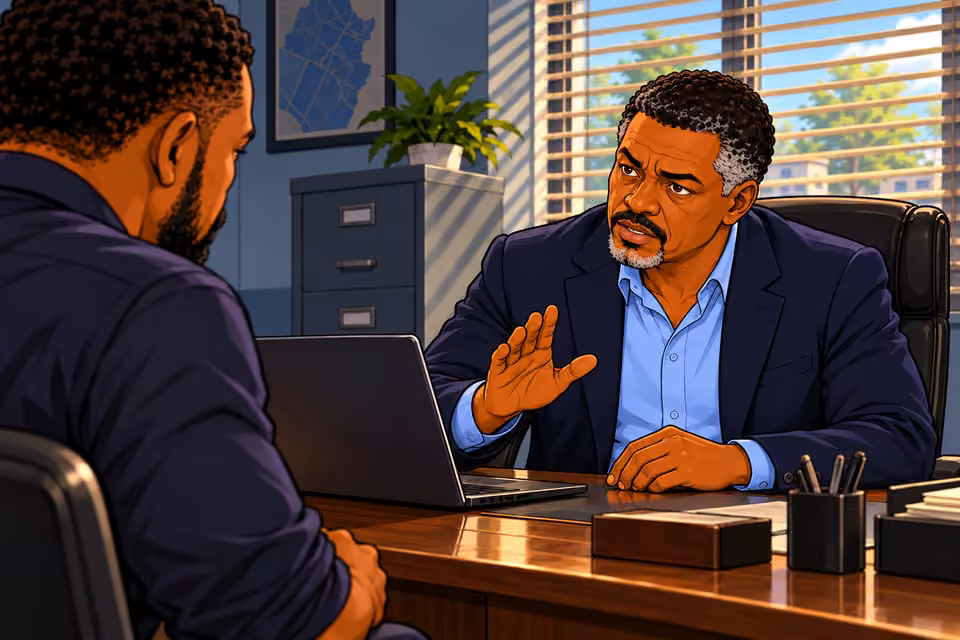 Tight low three-quarter portrait of Musa giving a quiet warning, composed gaze fixed on Gabriel outside crop, lips parted, navy blazer and pale-blue collar. Laptop corner foreground.