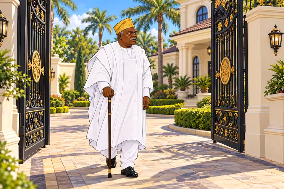 Establish Bamidele arrival: gates swing inward and he walks slowly through supported by cane. Wide view from inside driveway toward gates, only this ONE older man, face clearly visible and slimmer than funeral reference.