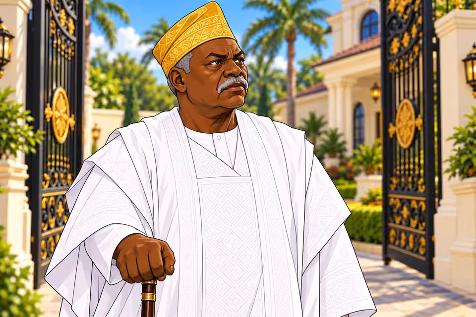 Low frontal mid-length view of Bamidele walking driveway and leaning on cane, proud chin raised, narrow older face and slimmer shoulders, open gates behind. No funeral crowd.