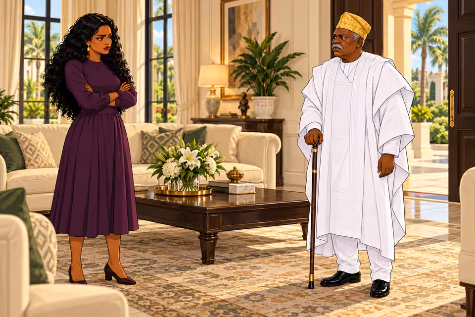 Establish living-room confrontation: Amaka stands with arms folded facing Bamidele by doorway, his hand on cane. Wide eye-level view across coffee table, standing several feet apart, tense formal greeting.