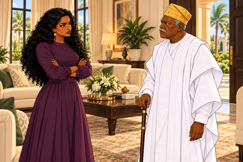 Medium three-quarter view beside Bamidele's shoulder toward Amaka with folded arms, head slightly tilted, cool direct gaze, speaking that he is bold. Standing indoors.