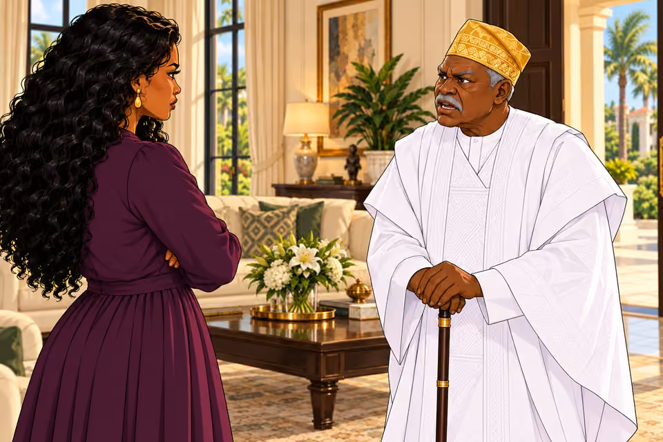 Frontal waist-up composition of Bamidele demanding answers, both hands atop grounded cane, chest lifted, mouth mid-sentence; plum-clad Amaka shoulder at edge.