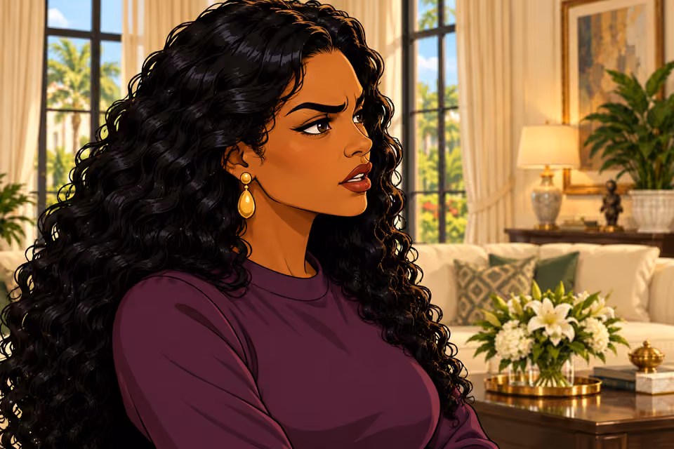 Tight side profile of Amaka skeptically asking whether he wants revenge, one sharply raised eyebrow, arms still folded. Ivory sofa and curtains behind.