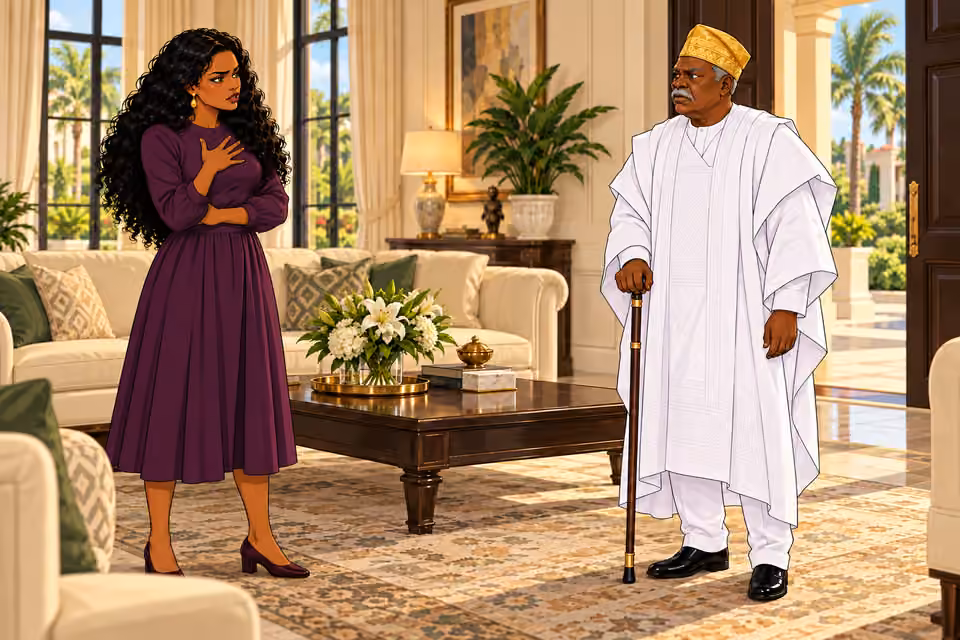 Medium frontal Amaka challenges whether she should pay; unfolds one arm to gesture at own chest, other forearm across waist, incredulous yet controlled. Bamidele cane hand near edge.