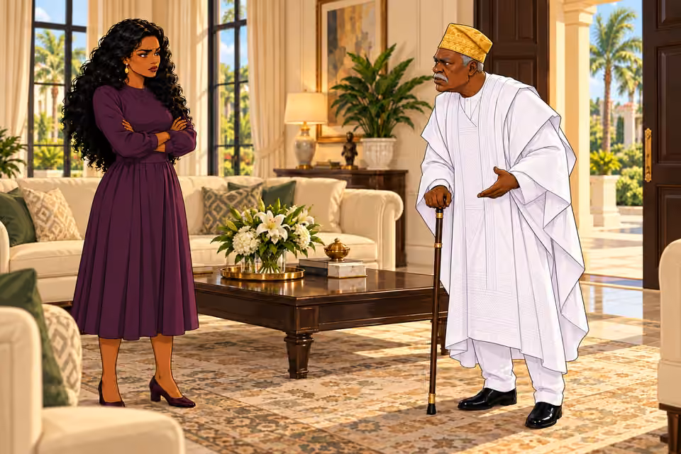 Side two-shot across open space as Bamidele replies with cold certainty, leaning a little forward on cane. Amaka stands straight with arms folded again. No physical touch.