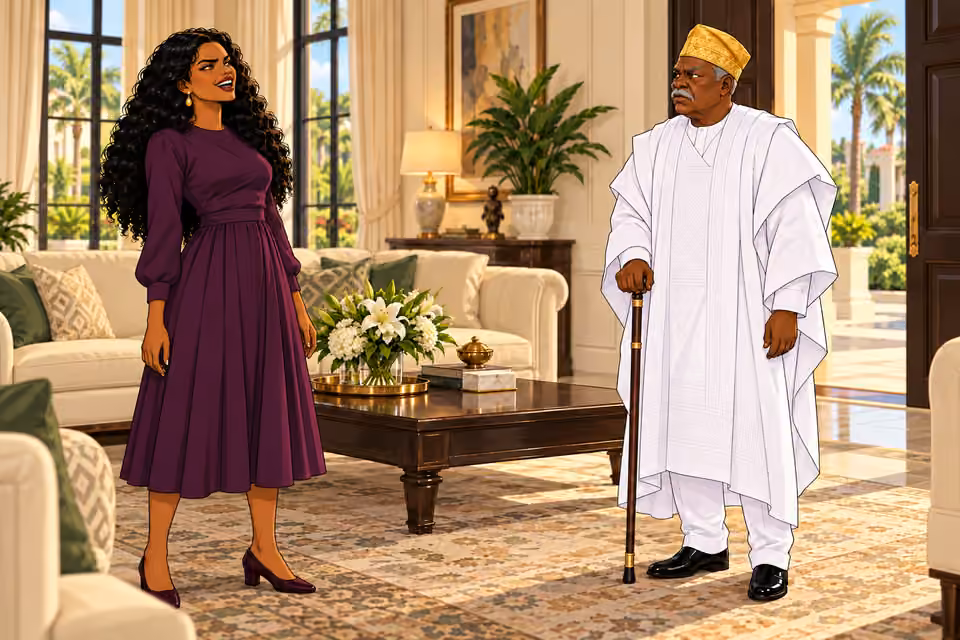 Close view of Amaka laughing once sharply, head slightly back, hands relaxed low beside her. Cutting defiant laugh, not cheerful happiness. View from Bamidele eye level.