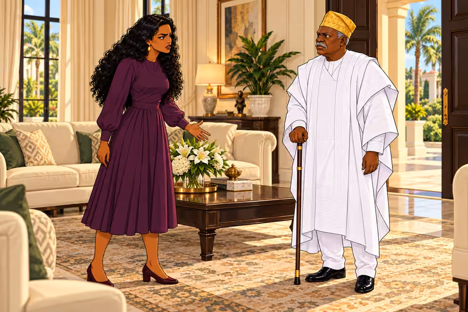 Full two-person profile: Amaka takes a deliberate step closer and speaks firmly, arms down, shoulders squared. Reduced distance but still separate; Bamidele remains planted with cane.