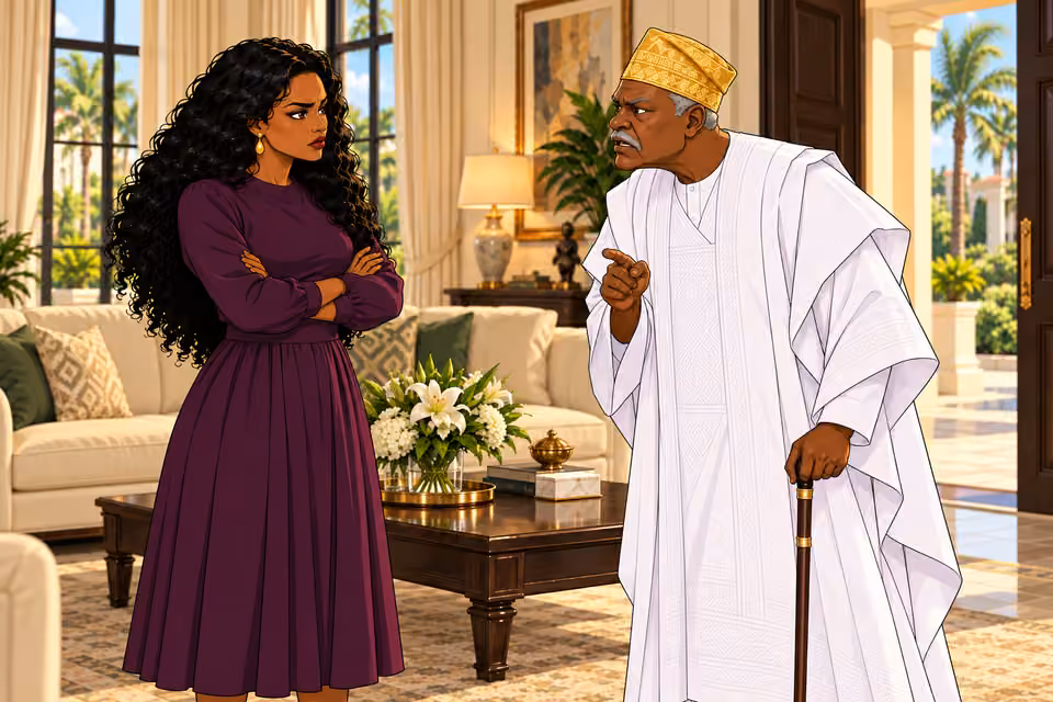Intimate shoulder-level two-shot: Bamidele leans upper body toward her and speaks low, narrowed eyes, tense mouth. Amaka unflinching. Maintain physical distance, no touch, cane partly visible.