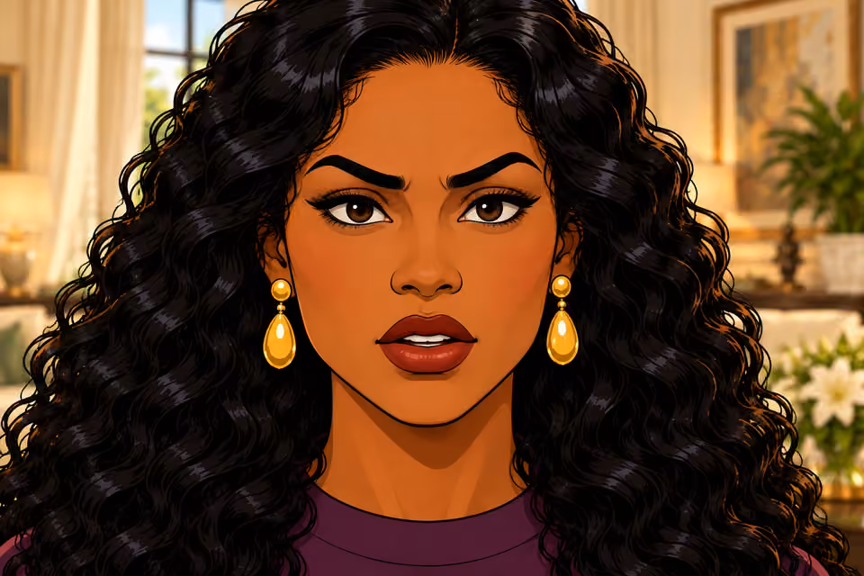Tight frontal portrait of Amaka answering without blinking, unwavering dark eyes, still face, chin level, hard resolve. Gold earrings and plum neckline. Bamidele outside crop.