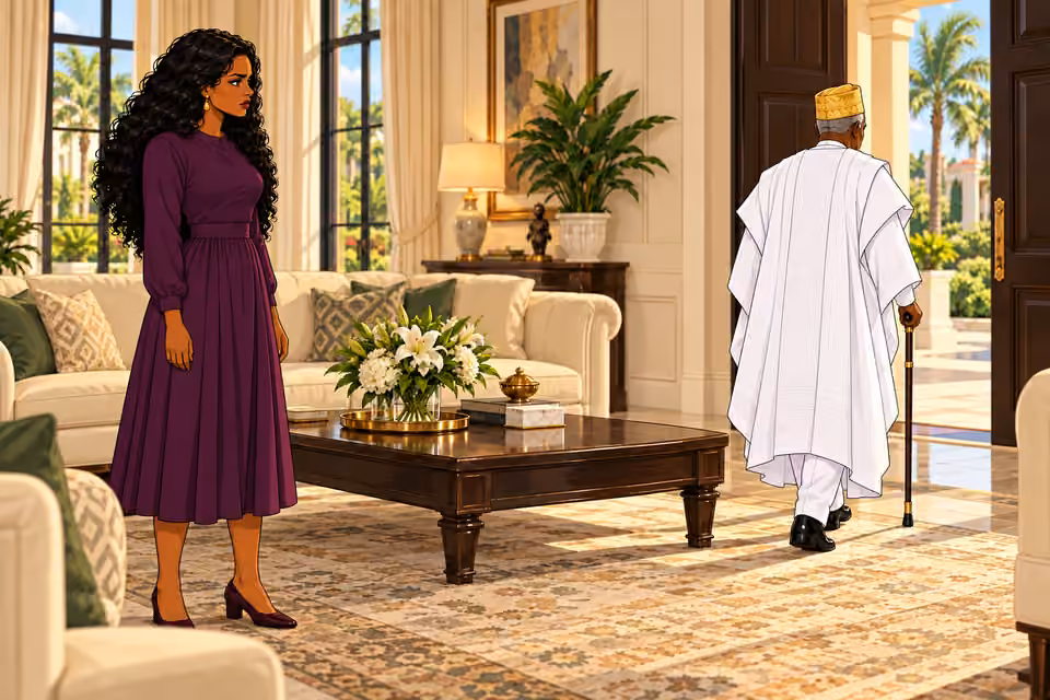 Wide view toward living-room doorway as white-clad Bamidele leaves silently, back and cane receding. Amaka stands motionless near foreground watching him, hands by sides. No extra people.