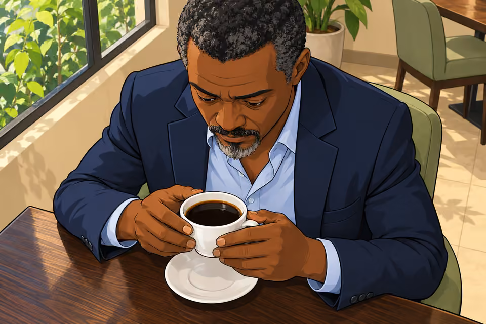 Musa silently studies his coffee.