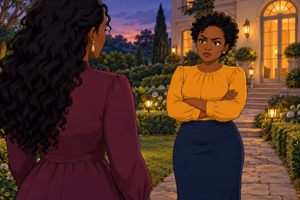 Uju confronts Amaka with her arms crossed.