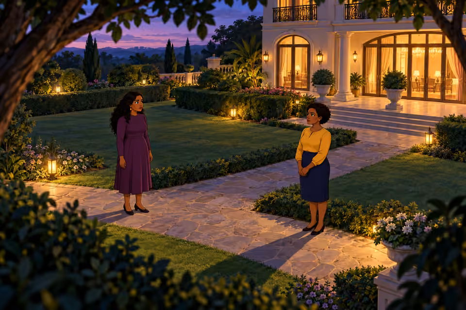 The two women fall silent in the garden.