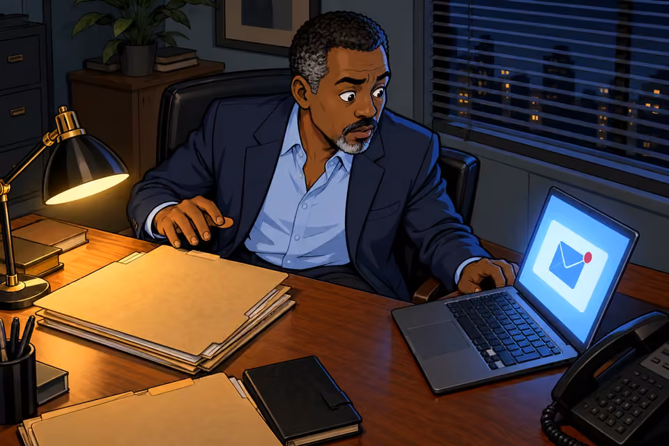A new email interrupts Musa's review.