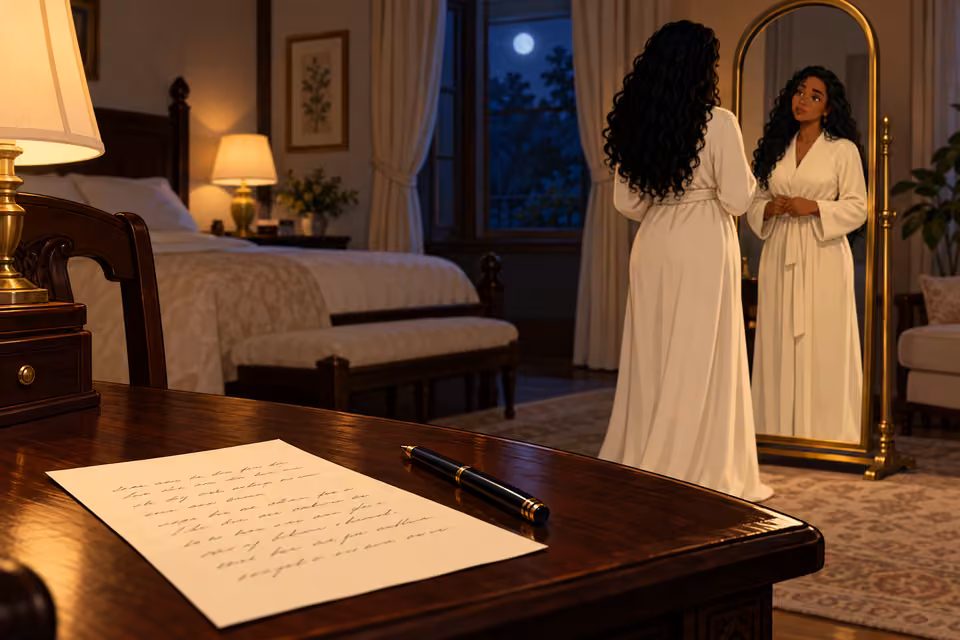 A foundation note rests on the desk behind Amaka.