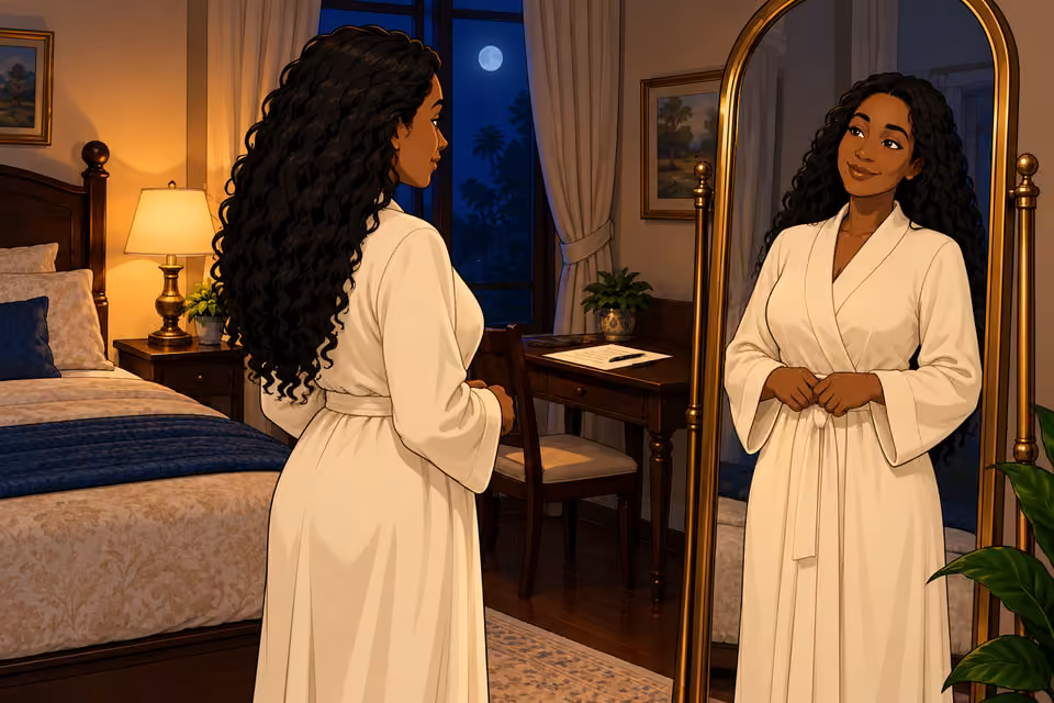 Amaka looks pleased with her reflection.