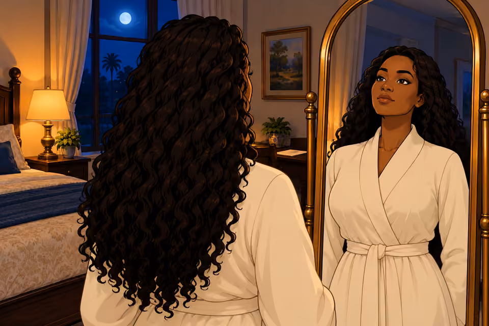 Amaka regains her firm composure before the mirror.