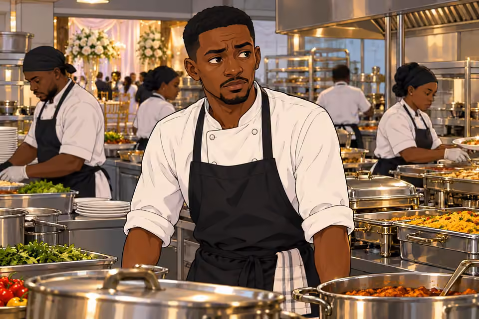 Moses Edem stands warily in the wedding catering kitchen, wearing a cook's jacket and apron.