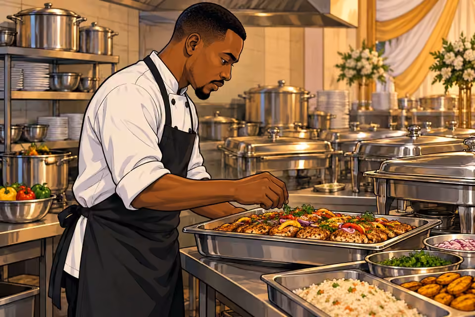 Moses prepares a serving tray in the wedding kitchen.
