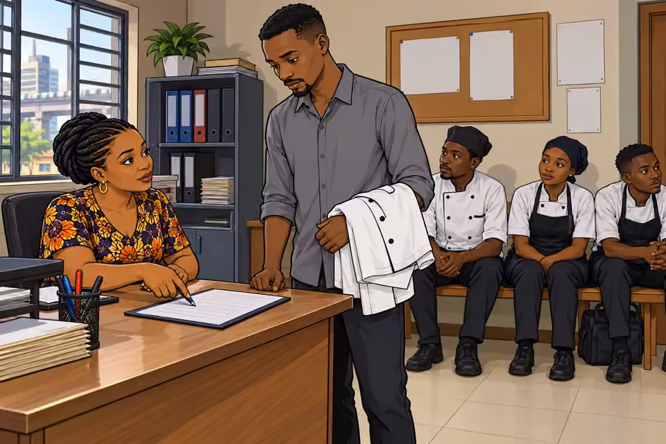 Moses receives a temporary catering assignment at the Yaba staffing office.