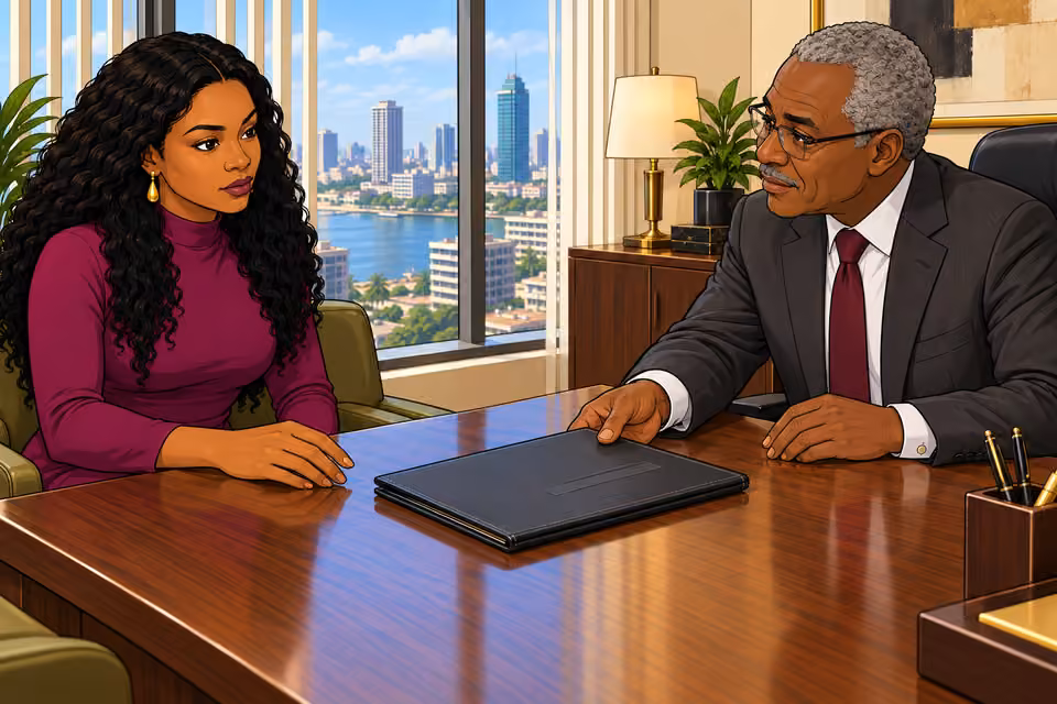 The banker slides the consolidated-account file to Amaka.