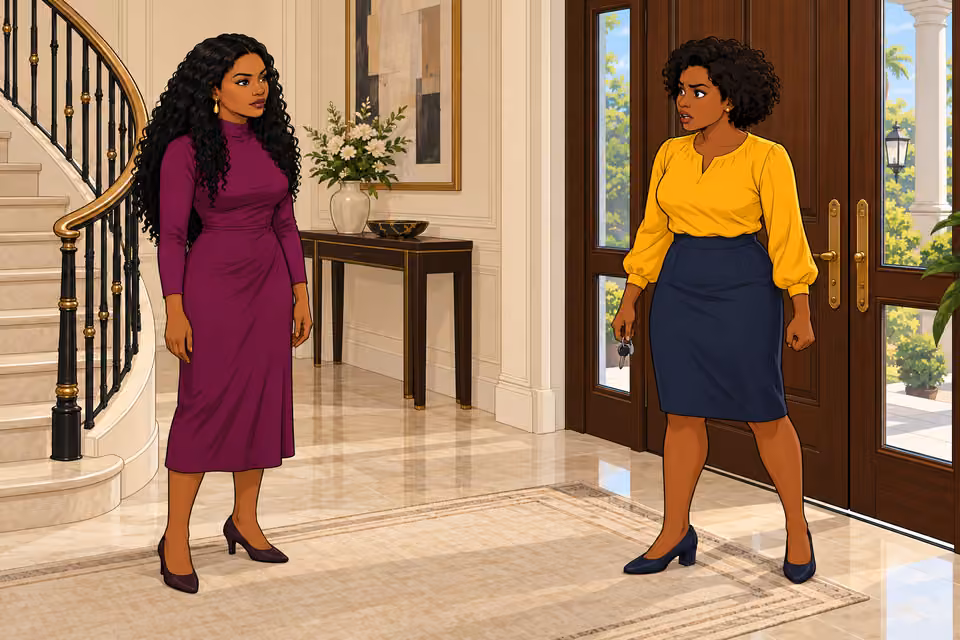 Amaka meets Uju in the front foyer.
