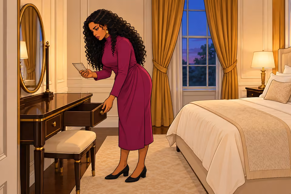 Amaka retrieves a faded photograph from the vanity.